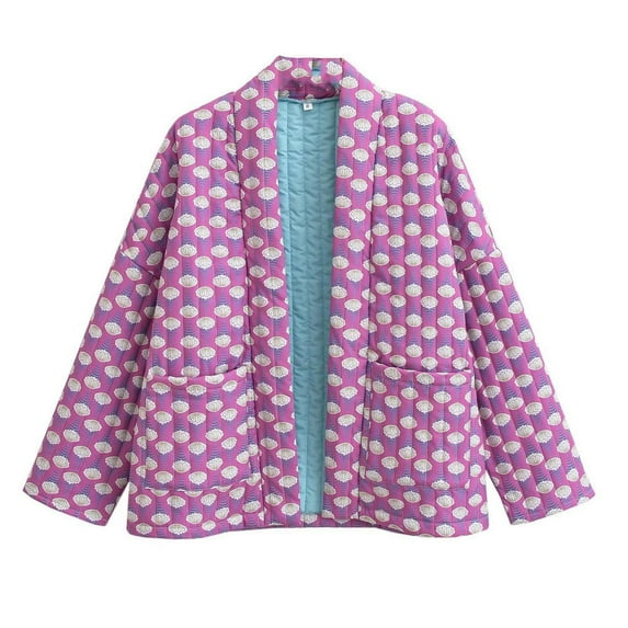 Lovskoo 2024 Women's Quilted Jacket Winter Trendy Printed Loose Buttonless Ethnic Style Thin Cotton Jacket Pink
