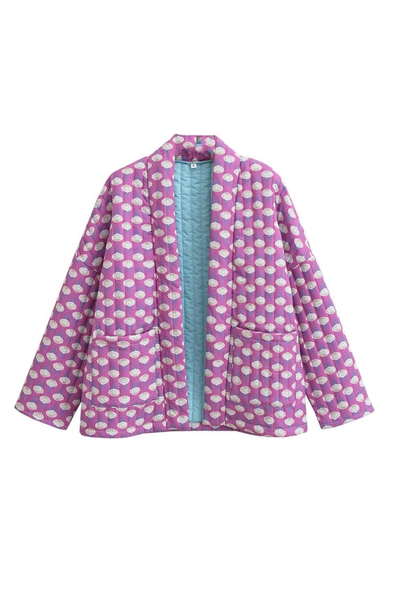 2024 Women's Quilted Jacket Winter Trendy Printed Loose Buttonless Ethnic Style Thin Cotton Jacket Pink