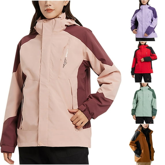 Lovskoo 2024 Women's Rain Jacket Hooded Active Winter Coat Casual Waterproof Windbreaker Detachable Cap and Thick Three-In-One Jacket Outdoor Sports Warm Jacket Red