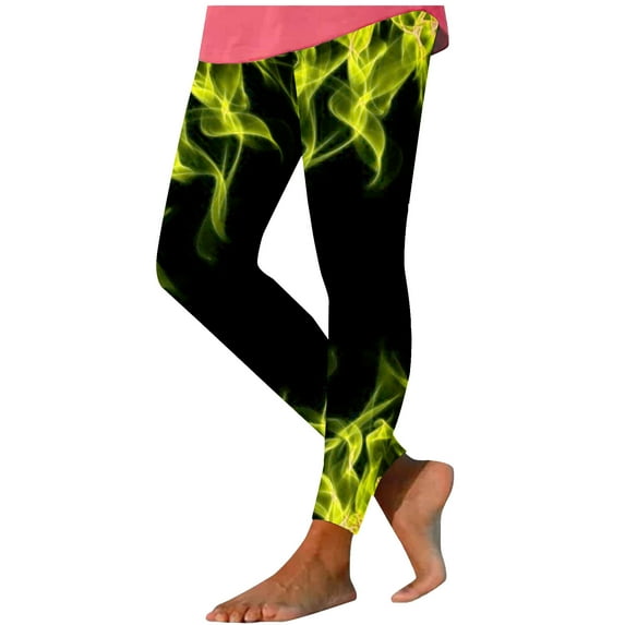 Lovskoo 2024 Women's Retro Flame Printed Leggings Yoga Pants with Elastic Band Slim Pants Yellow