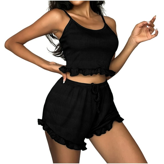 Lovskoo 2024 Small Flying Sleeves Suspender Pajamas Women's Strip Suspender Shorts European And American Style Border Black-M