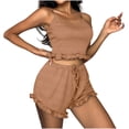 thumbnail image 1 of Lovskoo 2024 Small Flying Sleeves Suspender Pajamas Women's Strip Suspender Shorts European And American Style Border Khaki-M, 1 of 7
