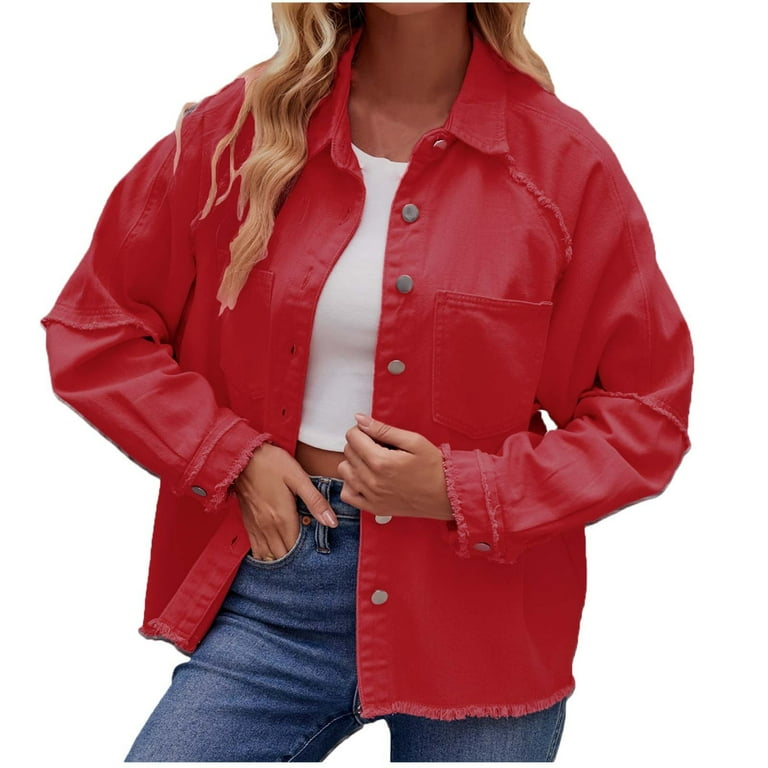 Distressed red denim jacket best sale