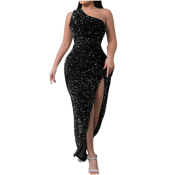 Lovskoo 2024 Women's Ruched Midi Dress Sleeveless Spaghetti Straps One Shoulder Asymmetric High Split Party Gown Black