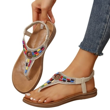 Lovskoo 2024 Women's Sandals Comfortable Dressy Summer Bohemian Open Toe Flip-Flops Ethnic Flat Bottomed Elastic Bands Beach Sandals Roman Shoes Beige