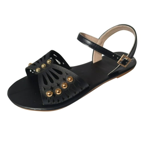 Lovskoo 2024 Women's Sandals Comfortable Dressy Summer Open Toe Hollow Out Large Size Flat Bottom Buckle Ethnic Lightweight Beach Sandals Black