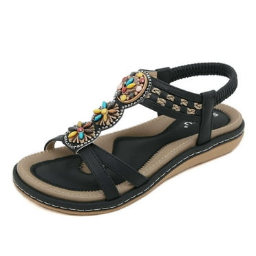 Lovskoo 2024 Women's Sandals Open Toe T-Strap Summer Floral Comfort Elastic Strap Casual Beach Flat Walking Sandals for Women Black
