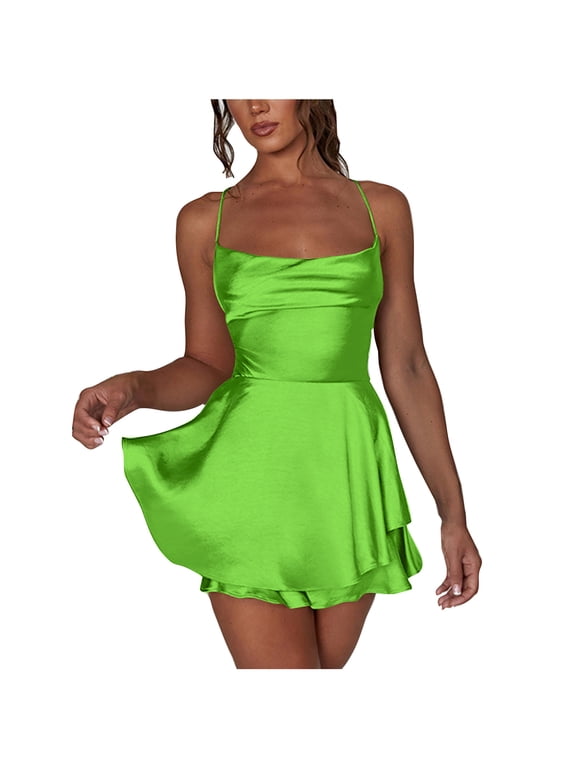 Women's Satin Backless Mini Romper Dress with Shorts Spaghetti Strap Playsuits Tie Back Summer Ruffle Layer Jumpsuits Dress Green-S