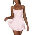 thumbnail image 1 of Lovskoo 2024 Women's Satin Backless Mini Romper Dress with Shorts Spaghetti Strap Playsuits Tie Back Summer Ruffle Layer Jumpsuits Dress Pink-L, 1 of 9