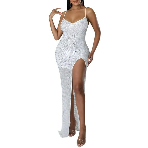 Lovskoo 2024 Women's Sequin Glitter Dress Spaghetti Strap Sleeveless Backless High Side Split Bodycon Maxi Dresses White XL