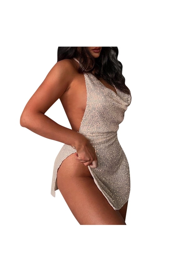 2024 Women's Sequin Halter Mini Dress Split Hem Backless Cowl Neck Short Dress Open Back Cocktail Party Ball Gownes Beige