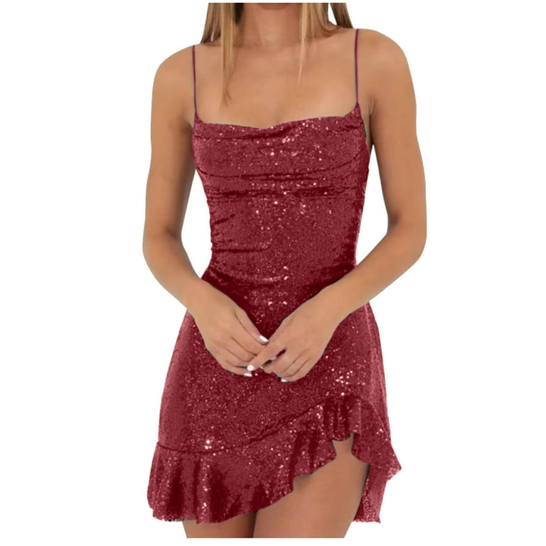 Lovskoo Women's Sequin Sparkly Dress Spaghetti Straps Glitter Ruched  Cocktail Mini Ruffled Hem Bodycon Dresses Burgundy - Walmart.com