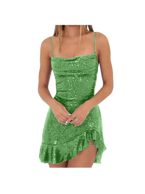 Women's Sequin Sparkly Dress Spaghetti Straps Glitter Ruched Cocktail Mini Ruffled Hem Bodycon Dresses Green
