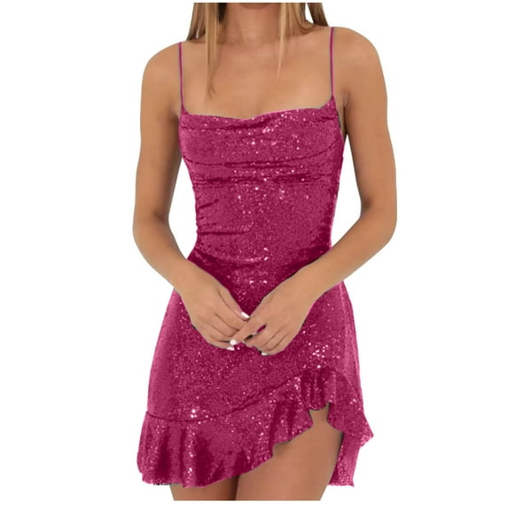Lovskoo 2024 Women's Sequin Sparkly Dress Spaghetti Straps Glitter Ruched Cocktail Mini Ruffled Hem Bodycon Dresses Hot Pink