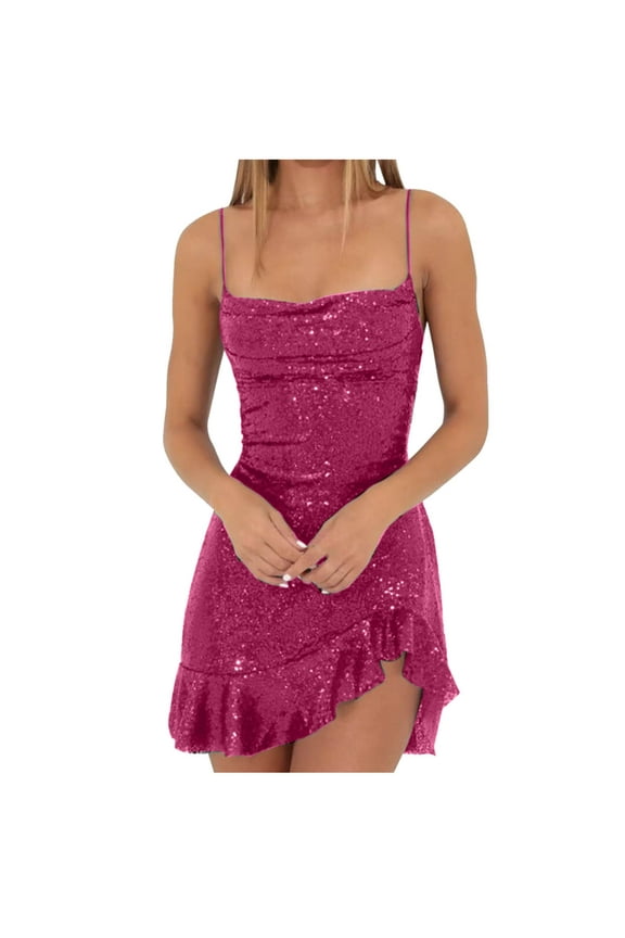 2024 Women's Sequin Sparkly Dress Spaghetti Straps Glitter Ruched Cocktail Mini Ruffled Hem Bodycon Dresses Hot Pink