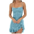 thumbnail image 1 of Lovskoo 2024 Women's Sequin Sparkly Dress Spaghetti Straps Glitter Ruched Cocktail Mini Ruffled Hem Bodycon Dresses Light Blue, 1 of 5