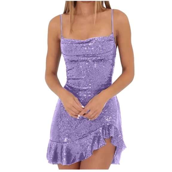 Lovskoo Women's Sequin Sparkly Dress Spaghetti Straps Glitter Ruched Cocktail Mini Ruffled Hem Bodycon Dresses Light Purple