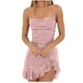 thumbnail image 1 of Lovskoo 2024 Women's Sequin Sparkly Dress Spaghetti Straps Glitter Ruched Cocktail Mini Ruffled Hem Bodycon Dresses Pink, 1 of 6