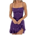 thumbnail image 1 of Lovskoo 2024 Women's Sequin Sparkly Dress Spaghetti Straps Glitter Ruched Cocktail Mini Ruffled Hem Bodycon Dresses Purple, 1 of 6