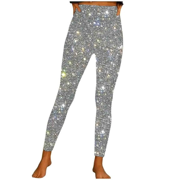 Lovskoo 2024 Women's Sequin Sparkly Leggings High Waisted Stretchy Tights Pants Skinny Pants Trousers Silver