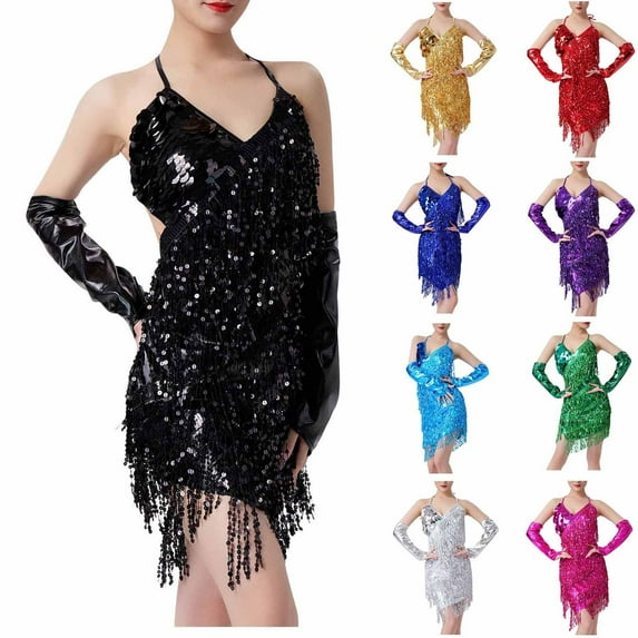 Lovskoo 2024 Women's Sequins Tassel Latin Dance Dress Sparkly Spaghetti Strap Backless Sleeveless V-Neck Dress Blue