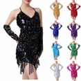 thumbnail image 1 of Lovskoo 2024 Women's Sequins Tassel Latin Dance Dress Sparkly Spaghetti Strap Backless Sleeveless V-Neck Dress Hot Pink, 1 of 8