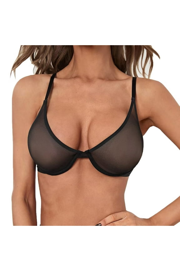 2024 Women's Sheer Sheer Bras Unlined Underwire Lace Mesh Ultra Thin Clear Bralette Black