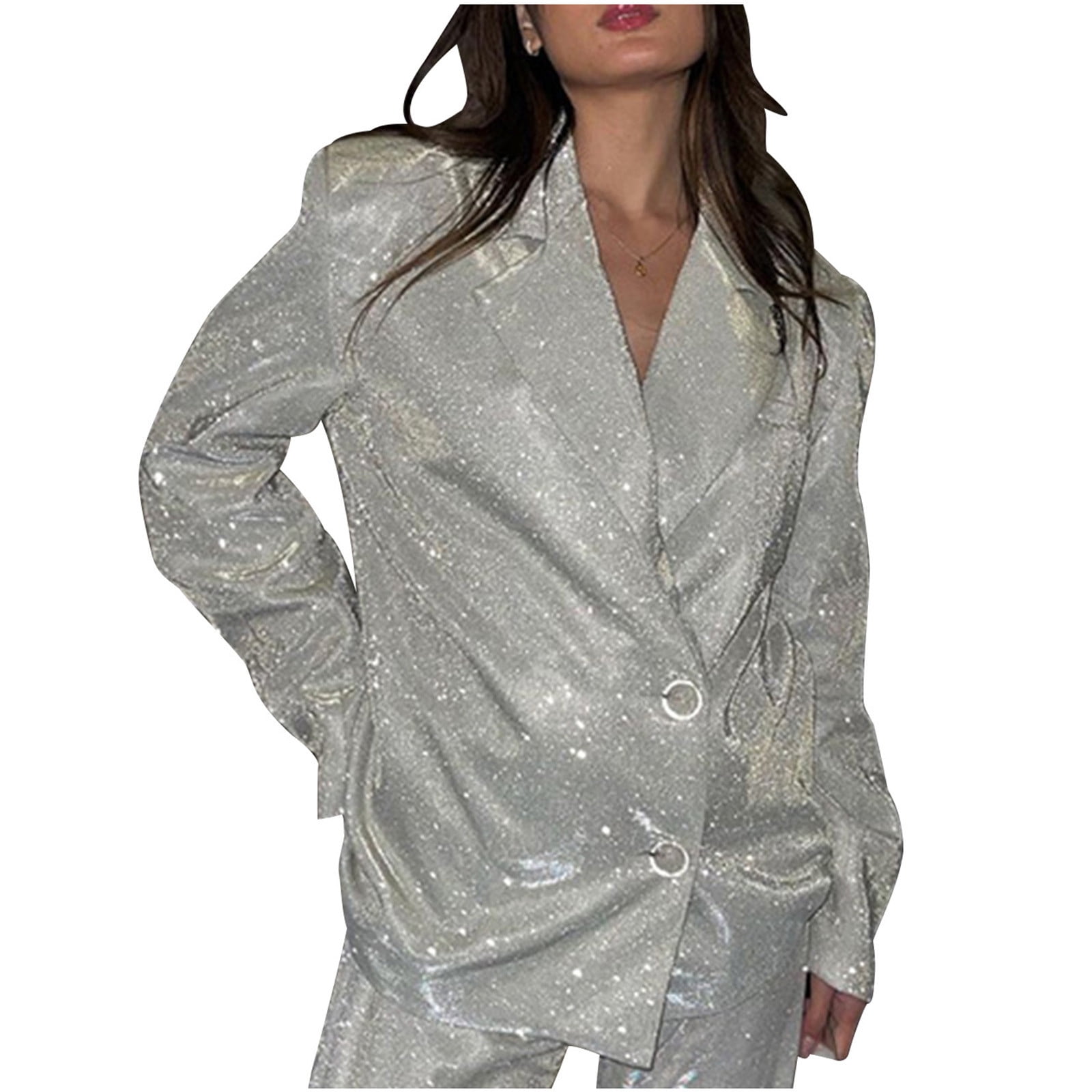 Lovskoo 2024 Women's Shiny Sequin Open Front Blazer Coat Lapel