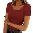 thumbnail image 1 of Lovskoo 2024 Women's Short Sleeve Scoop Neck Ribbed Knit Casual Tops Tee Summer Slim Basic Shirts Burgundy 2XL, 1 of 4