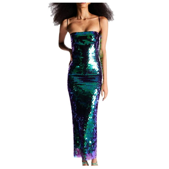 Lovskoo 2024 Women's Sleeveless Sequin Formal Dress Sparkly Spaghetti Strap Long Cocktail Party Sequin Gown Green