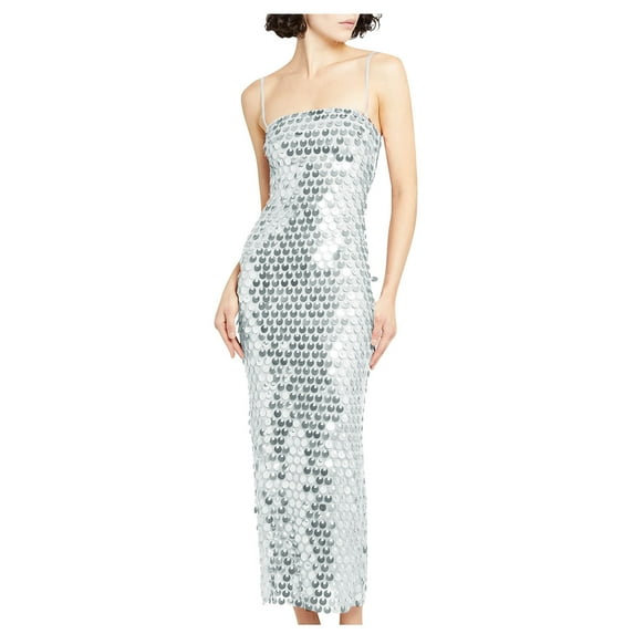 Lovskoo 2024 Women's Sleeveless Sequin Formal Dress Sparkly Spaghetti Strap Long Cocktail Party Sequin Gown Silver