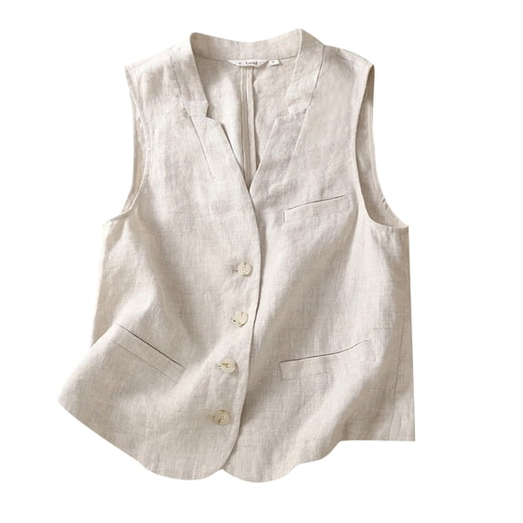 Lovskoo 2024 Women's Sleeveless Vest V-Neck Cotton and Linen Cardigan Casual Loose Coat Button Jacket White