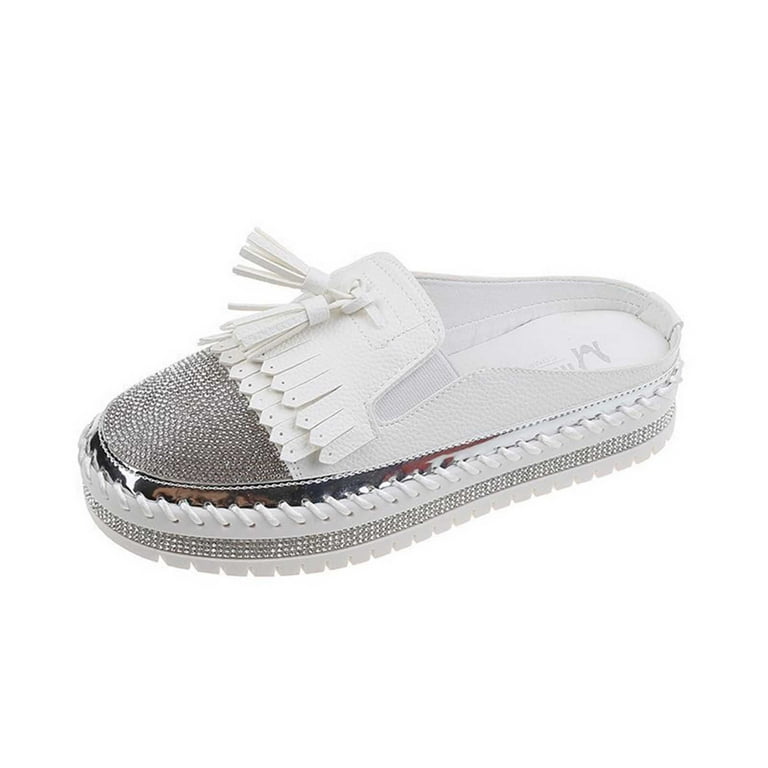 Lovskoo 2024 Women's Slip On Flats Sandals Round Toe Shoes Large Size  Color-Matching Rhinestones Loafers White 