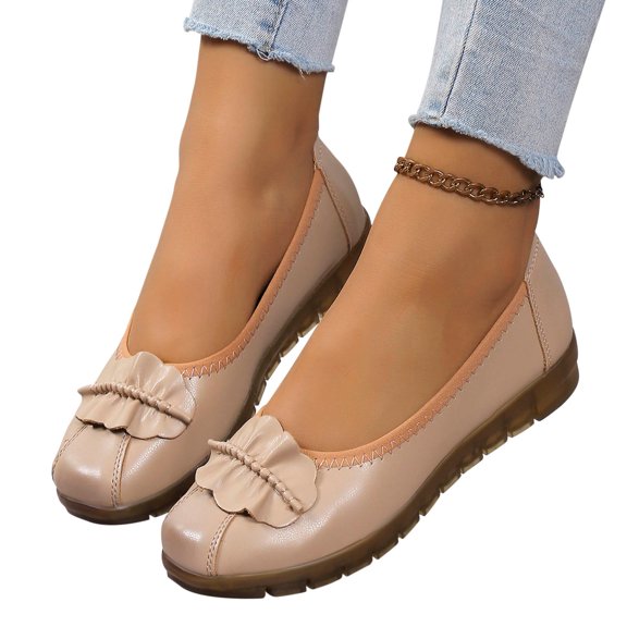 Lovskoo Women's Slip On Flats Sandals Round Toe Shoes Large Size Flower Comfortable Soft Cut Out Cozy Single Shoes Flats Beige