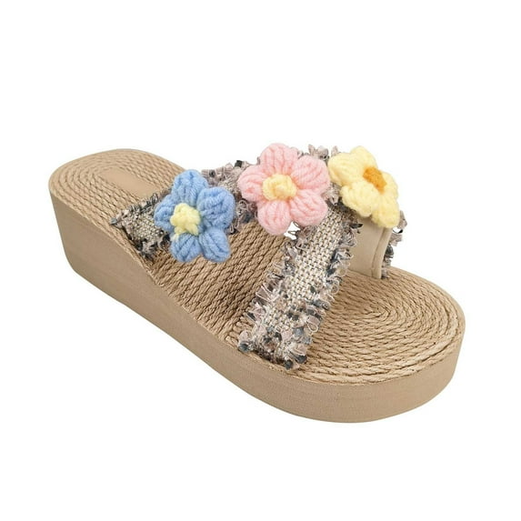 Lovskoo 2024 Women's Slippers Open Toe Ethnic Style Flower Slippers Platform Beach Flip-Flops Floral Summer Comfortable Shoe Blue