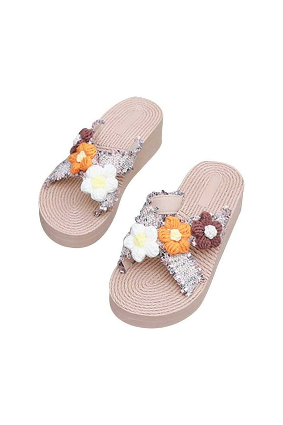 2024 Women's Slippers Open Toe Ethnic Style Flower Slippers Platform Beach Flip-Flops Floral Summer Comfortable Shoe Orange