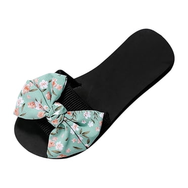 Lovskoo 2024 Women's Slippers Open Toe One-Line Bow Over Flat Sandals Floral Summer Comfortable Shoe Blue