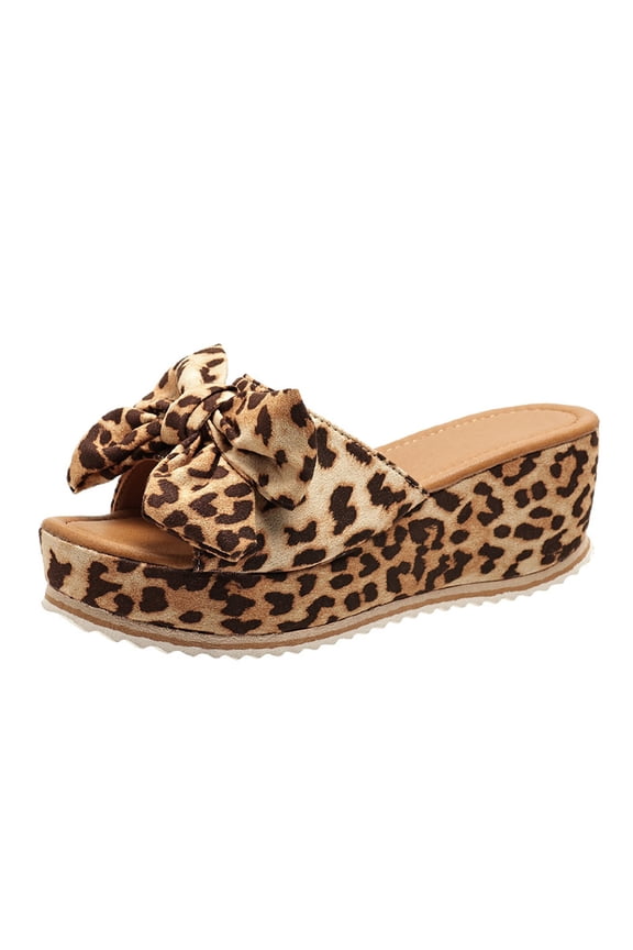 2024 Women's Slippers Open Toe One-Line Platform Bow Platform Leopard Print Sandals Summer Comfortable Shoe Brown