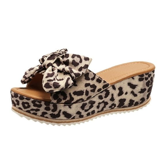 Lovskoo 2024 Women's Slippers Open Toe One-Line Platform Bow Platform Leopard Print Sandals Summer Comfortable Shoe Gray