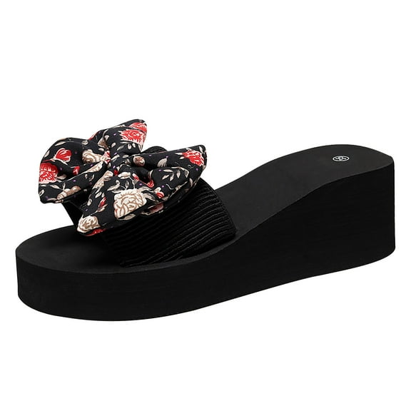 Lovskoo 2024 Women's Slippers Open Toe Platform Flip-Flops with Bow Casual Beach Shoes Summer Comfortable Shoe Black