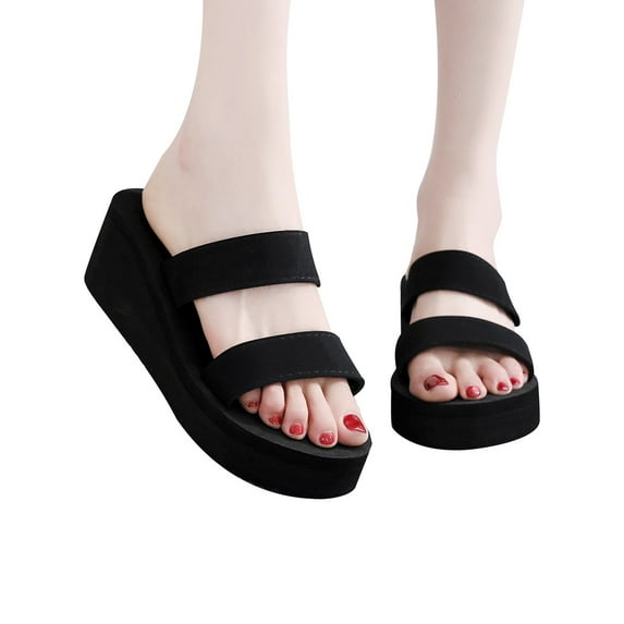 Lovskoo 2024 Women's Slippers Open Toe Trendy Beach Shoes Wedge Heel Platform Flip-Flops Summer Comfortable Shoe Black