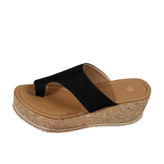 Lovskoo 2024 Women's Slippers Open Toe with Clip Toeone-Line Platform Toe Wedge Leopard Print Sandals Summer Comfortable Shoe Black