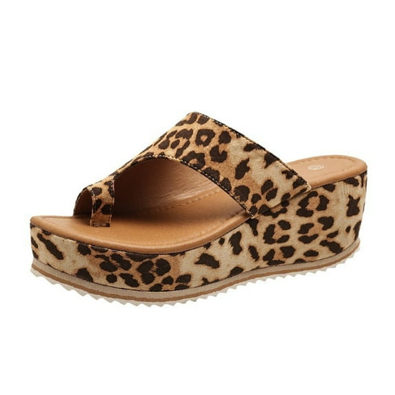Lovskoo 2024 Women's Slippers Open Toe with Clip Toeone-Line Platform Toe Wedge Leopard Print Sandals Summer Comfortable Shoe Brown