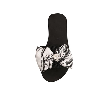 Lovskoo 2024 Women's Slippers Summer Open Toe Rhinestone One-Line Pearl Bow Flat Sandals Black