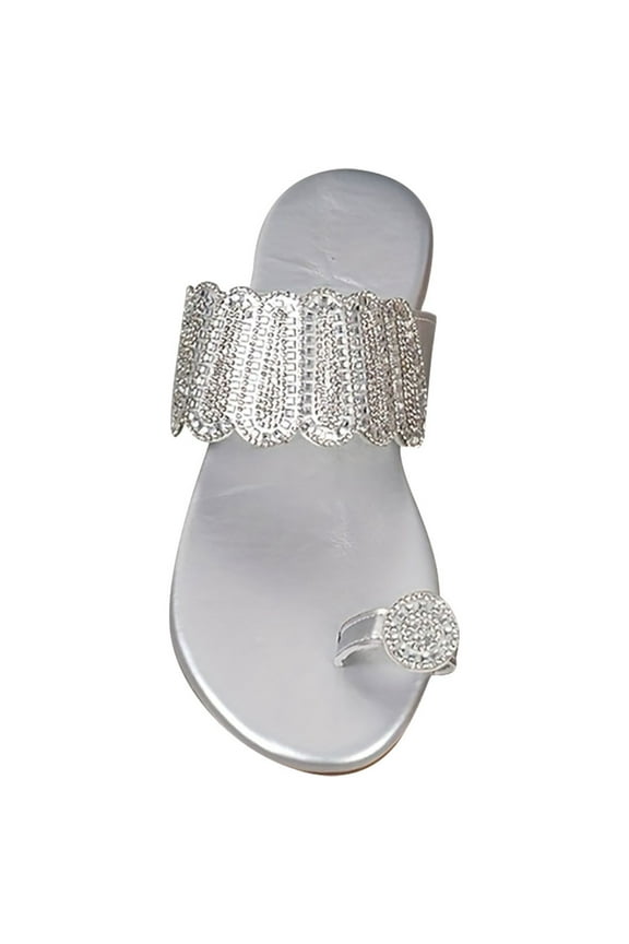 2024 Women's Slippers Summer Open Toe Rhinestone with Clip Toe Plus-Size Set Toe Flat Beach Sandals Silver