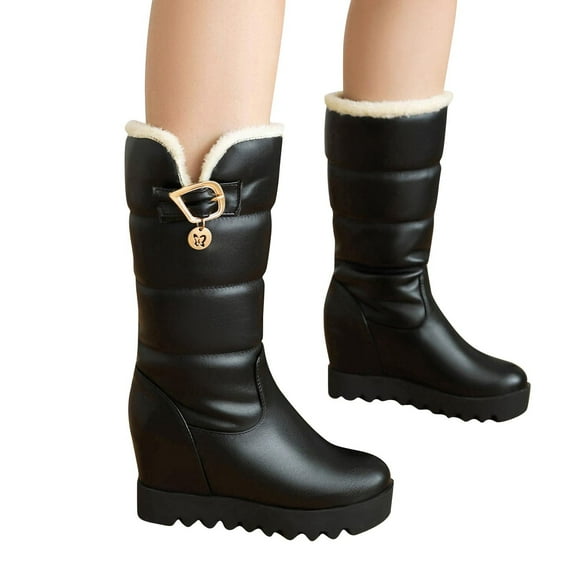 Lovskoo 2024 Women's Snow Boots Round Toe Wedge Large Fall/Winter Thick Sole Cotton Thick Hair Medium Sleeve Slipsole Boots Black