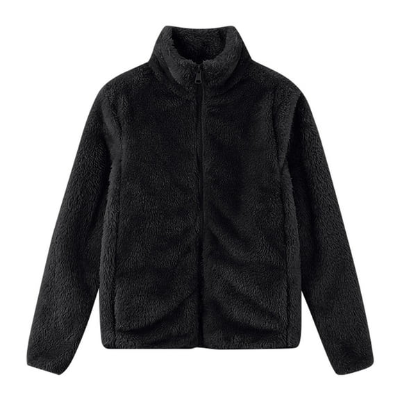 Lovskoo 2024 Women's Soft Sherpa Stand Collar Zipper Jacket Long Sleeve Mock Neck Solid Color Cropped Outerwear 2023 Fashion Winter Coat Black