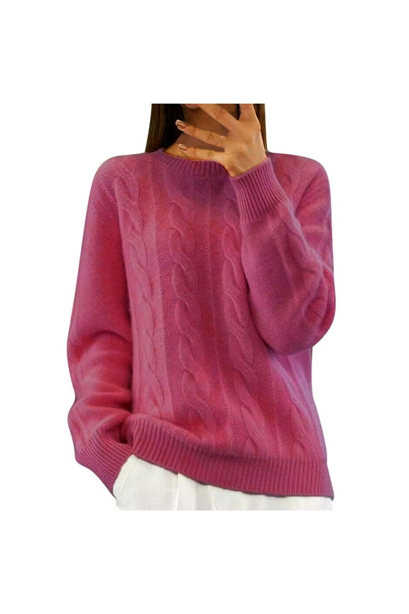 2024 Women's Solid Color Sweater Round Neck Solid Color Knitwear Top Vintage Dough Twists Pullover Sweater Hot Pink