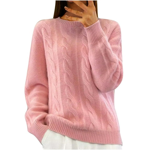 Lovskoo Women's Solid Color Sweater Round Neck Solid Color Knitwear Top Vintage Dough Twists Pullover Sweater Pink