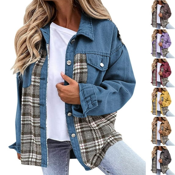 Lovskoo 2024 Women's Spring Long Sleeve Denim Jean Jacket Button Down Shirt Distressed Plaid Patchwork Boyfriend Jacket Dark Gray
